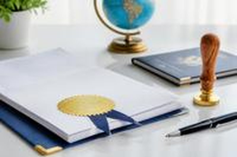 Official documents with a gold seal beside a passport and a pen