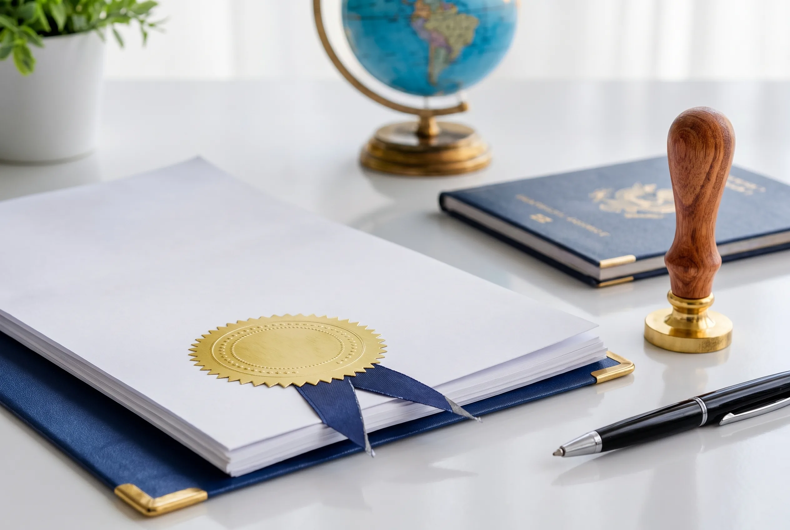 Official documents with a gold seal beside a passport and a pen