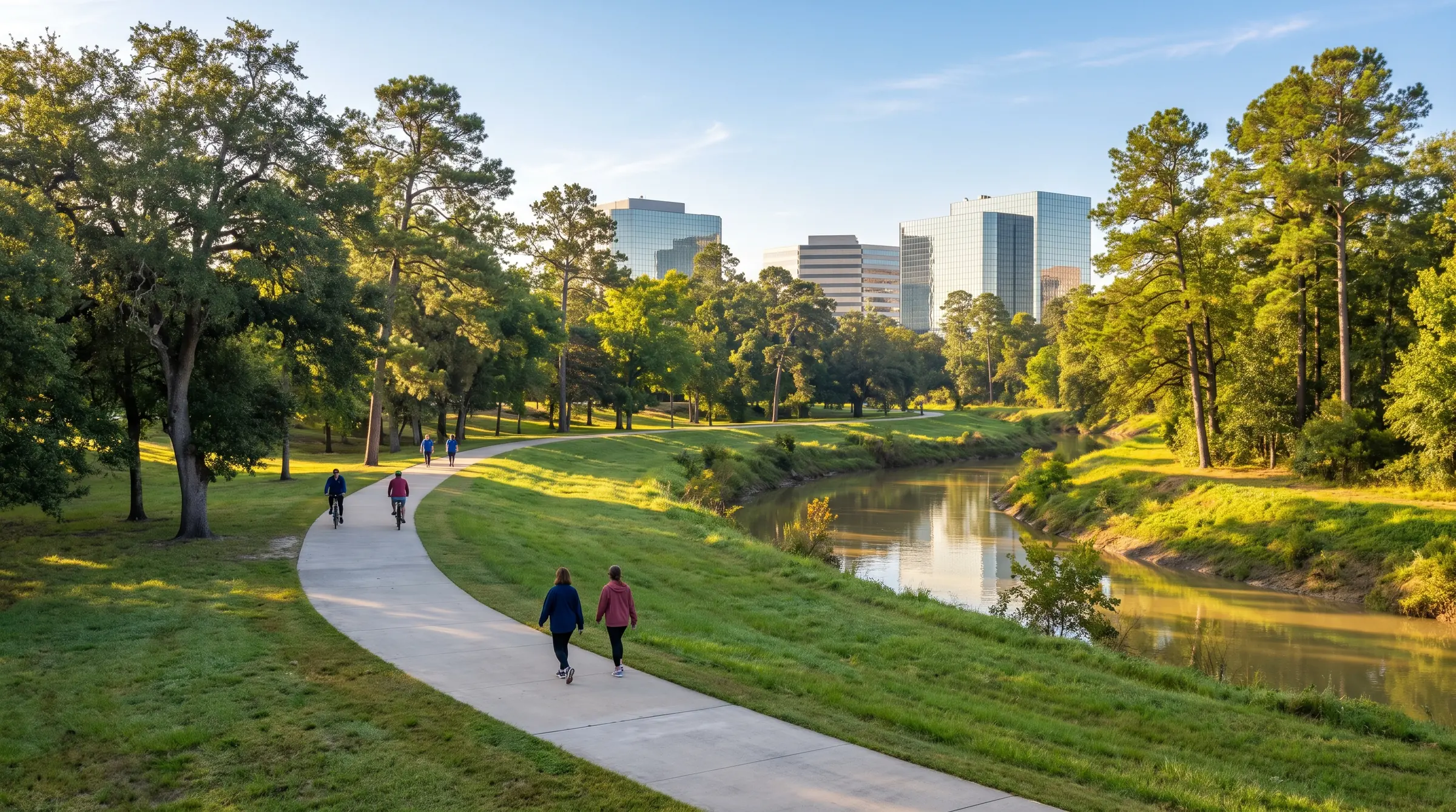 A tree-lined hike-and-bike trail along a bayou greenway with office towers beyond the trees