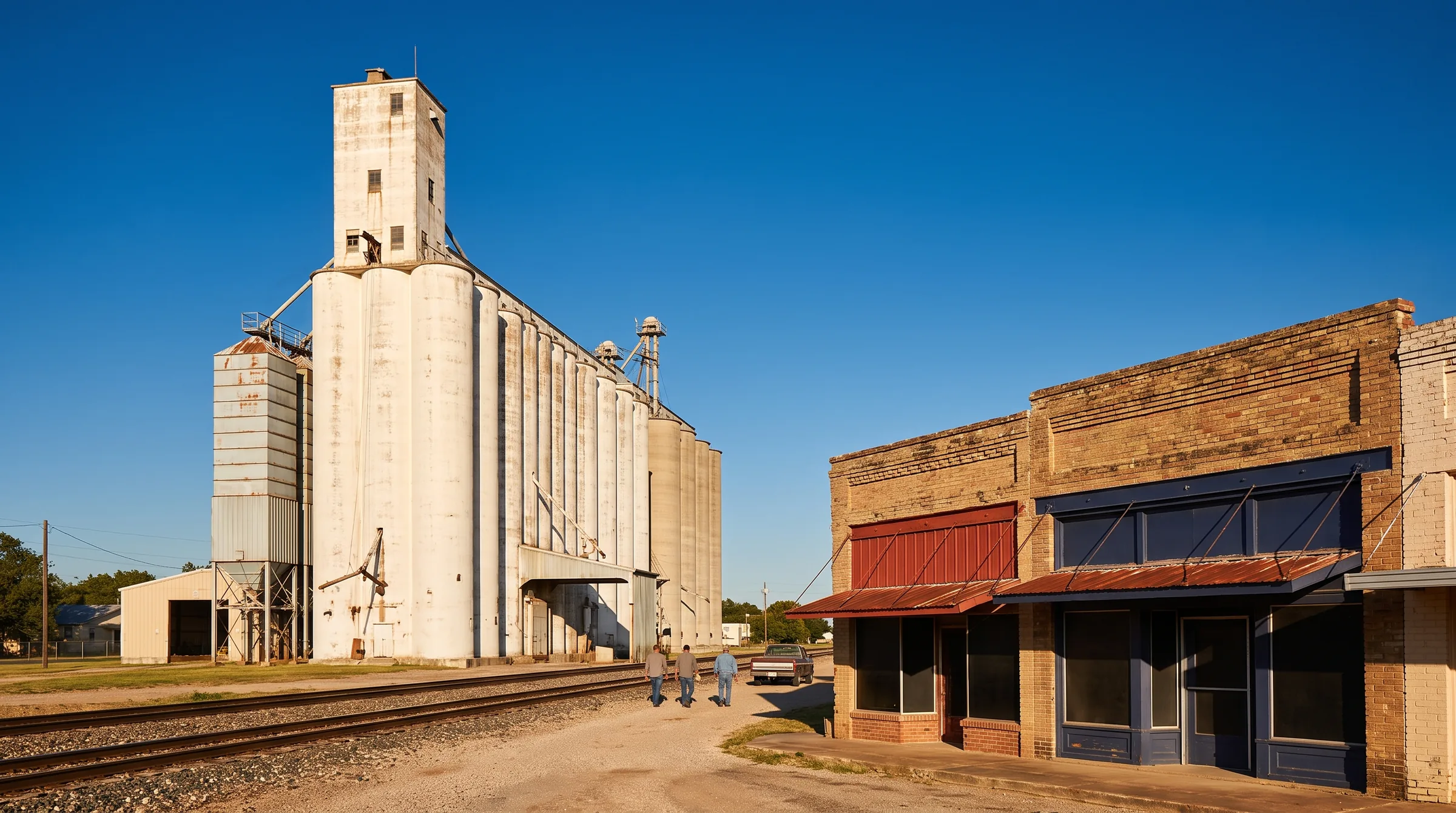 Historic white rice dryer silos beside the railroad tracks in a small Texas town