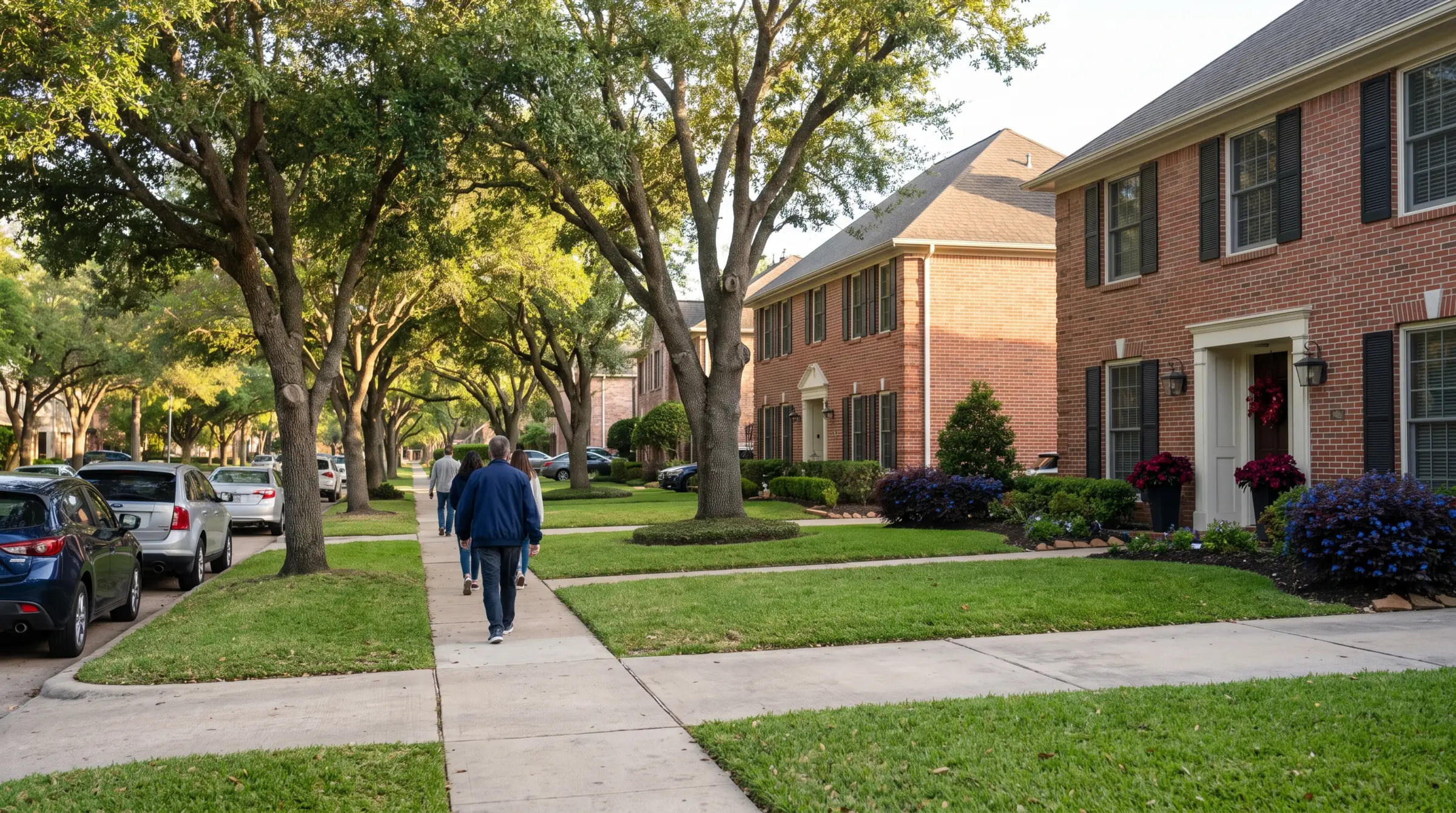A leafy residential street of brick homes beneath mature oak trees