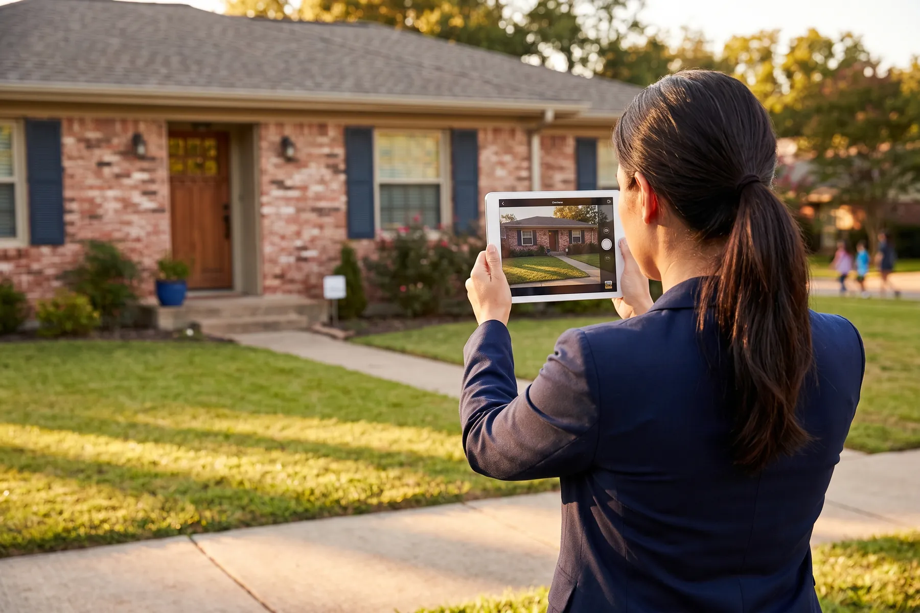 A notary photographs a brick house with a tablet for a field inspection