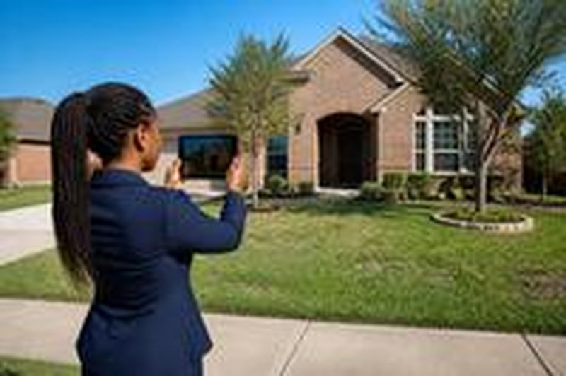 A woman photographs the front of a brick house for an inspection