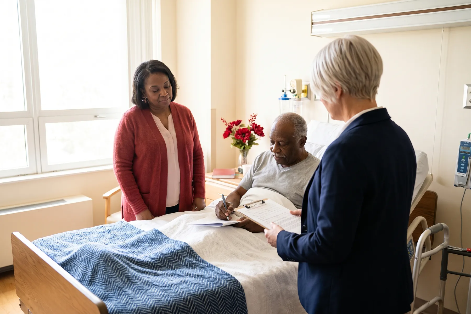 A notary holds a clipboard as a hospital patient signs, his family member beside him