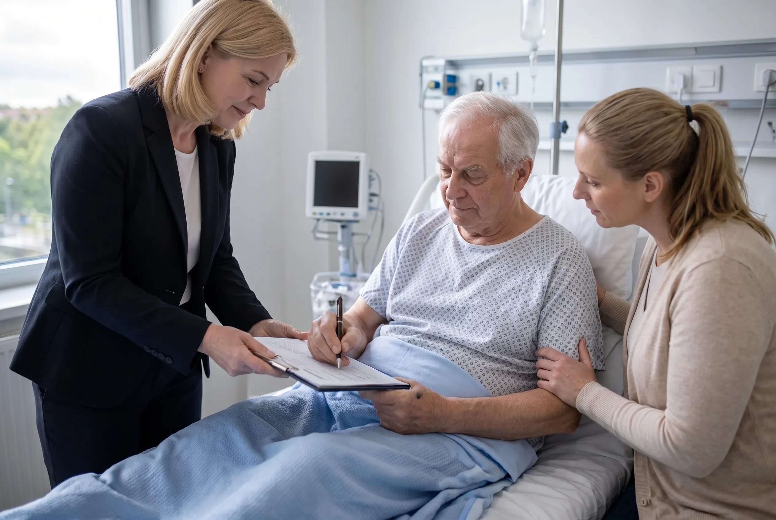 A man signs a document from his hospital bed with his daughter beside him