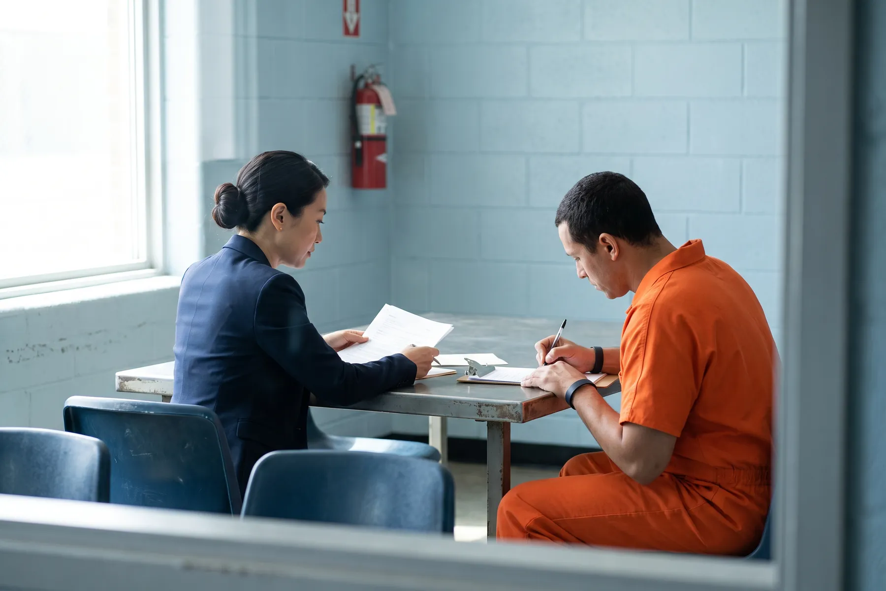 A notary reviews a document with a man in a facility visiting room