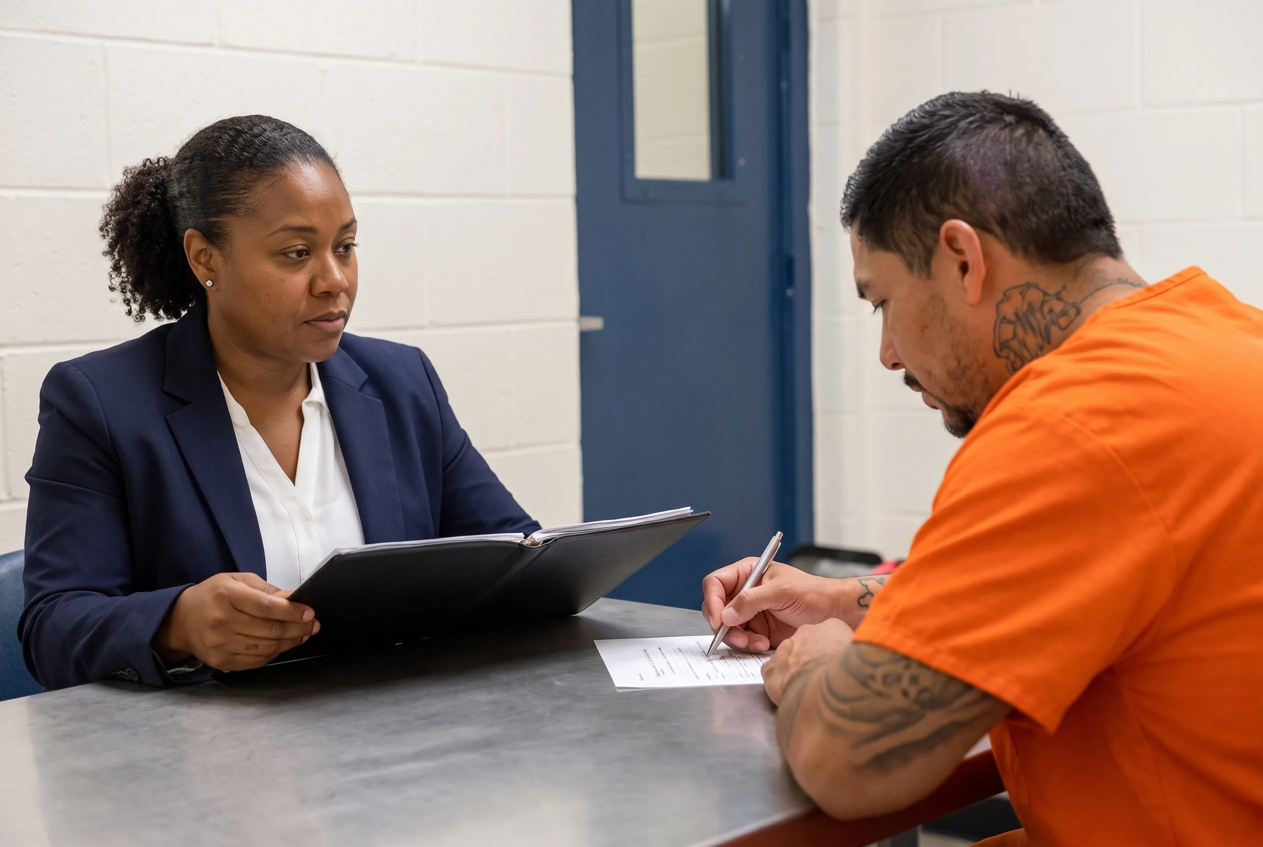 A notary reviews a document with a man in a facility visiting room