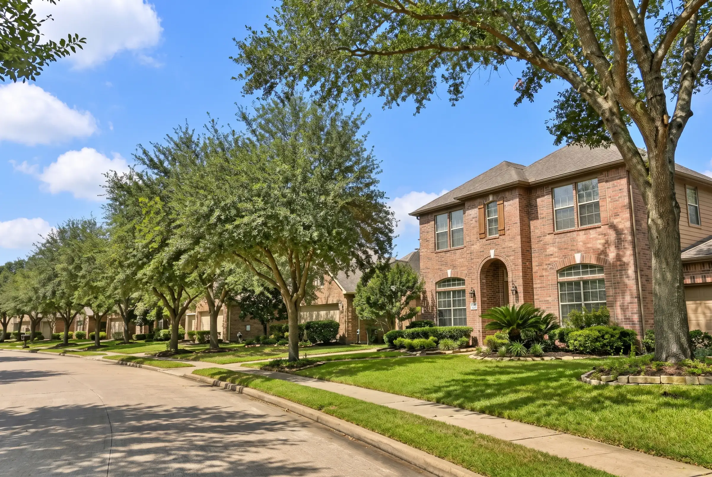 A tree-lined residential street with brick homes