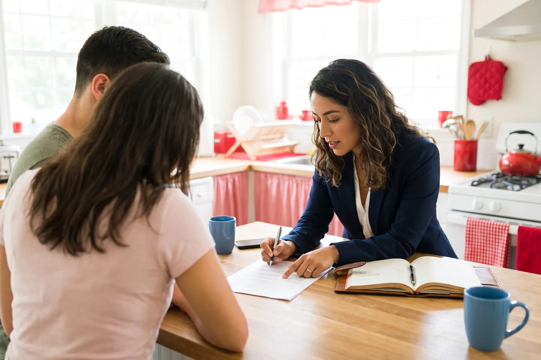 A notary helps a couple sign documents at their kitchen table