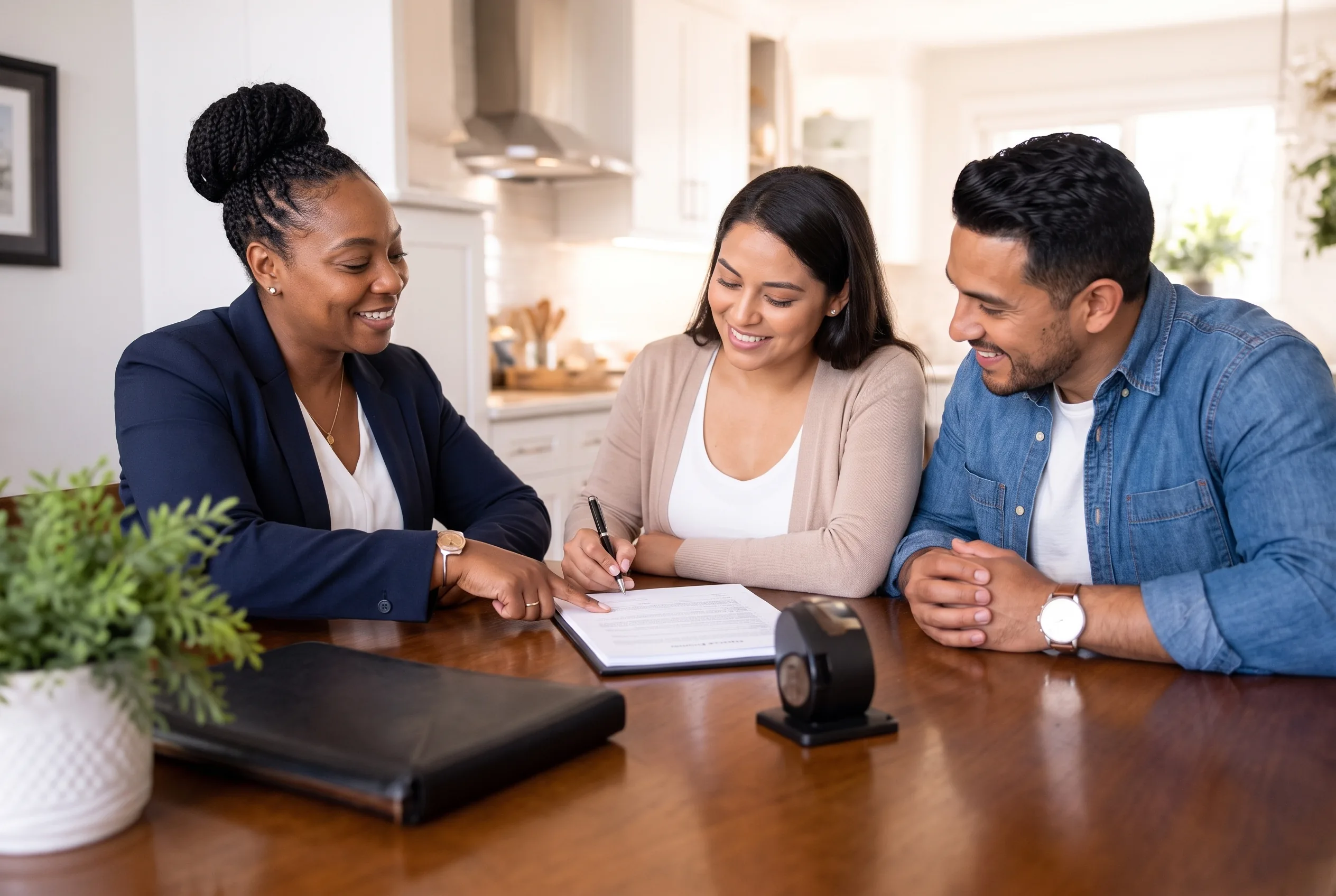 A notary helps a couple sign documents at their kitchen table