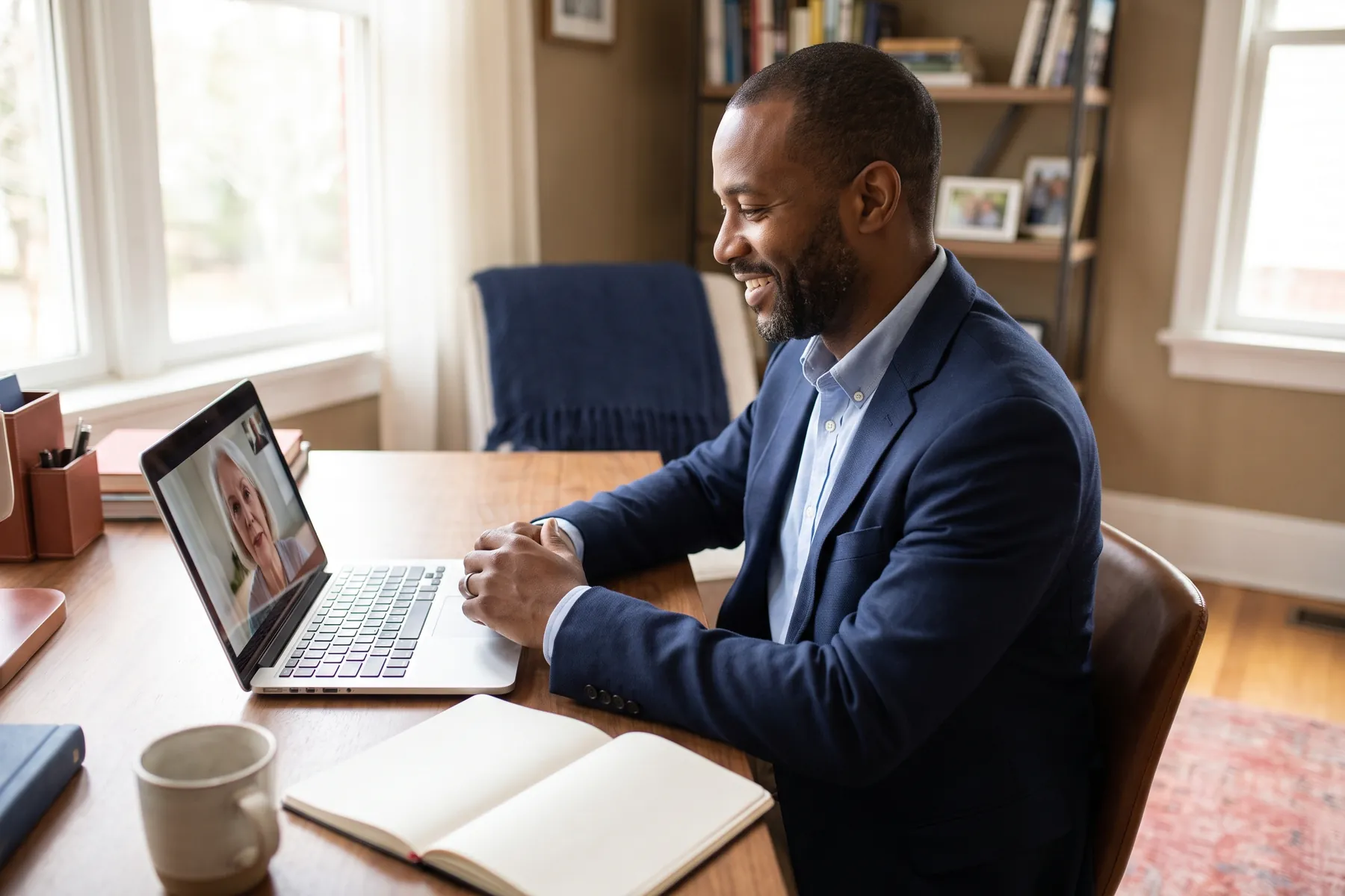 A notary smiles during a video call with a signer at his home office desk