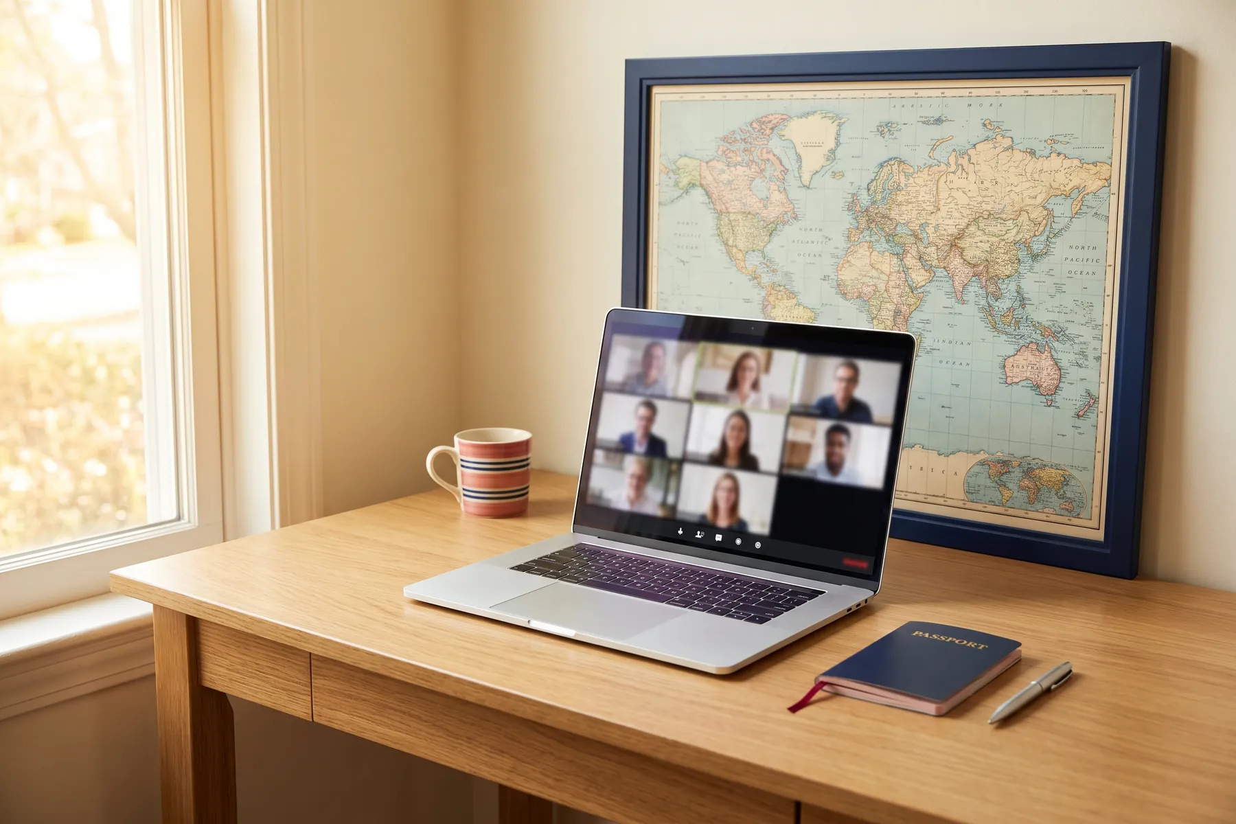 A laptop video call on a desk beside a world map and a passport